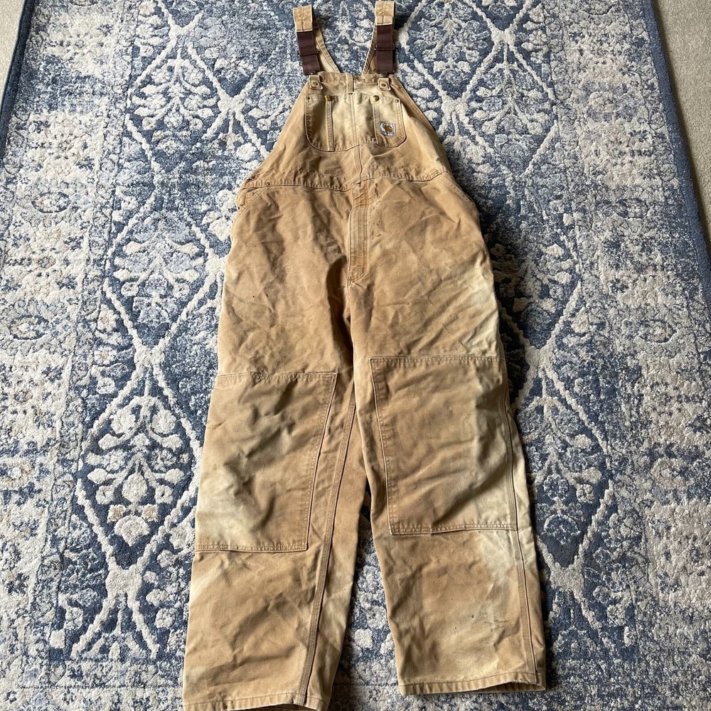 Carhartt Overalls Mens R01 BRN Brown Tan Carpenter Canvas Bib Double Knee 46x32